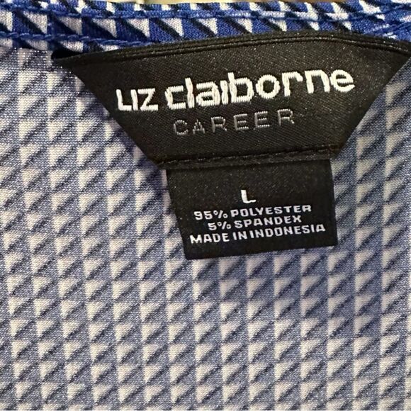 Liz Clairborne Career Womens Large Blue Black Geometric Short Sleeve Blouse - Picture 7 of 11